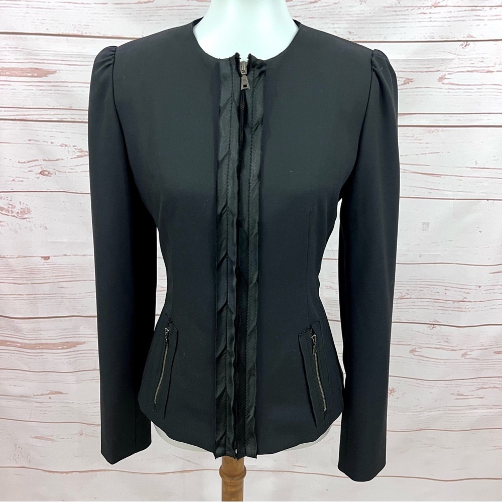 Tahari Puffy Sleeve Crewneck Satin Trim Full Zip Career Blazer